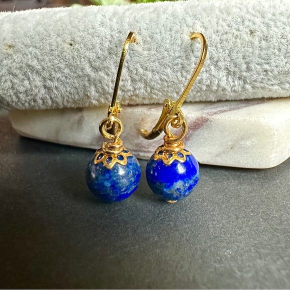 Lapis Lazuli Earrings Gold Dangle Blue Stone Lever back - Picture 4 of 5